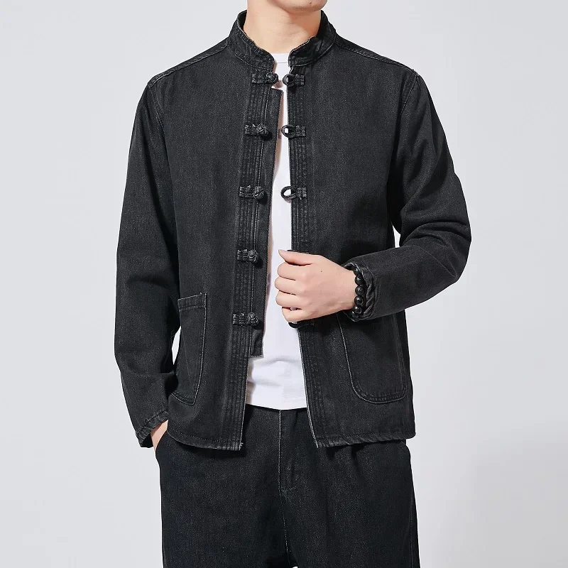 Autumn Men Chinese Style Tang Suit Washed Denim Top Stand Collar Jacket Denim Jacket Men Casual Cotton Coat Jacket Men