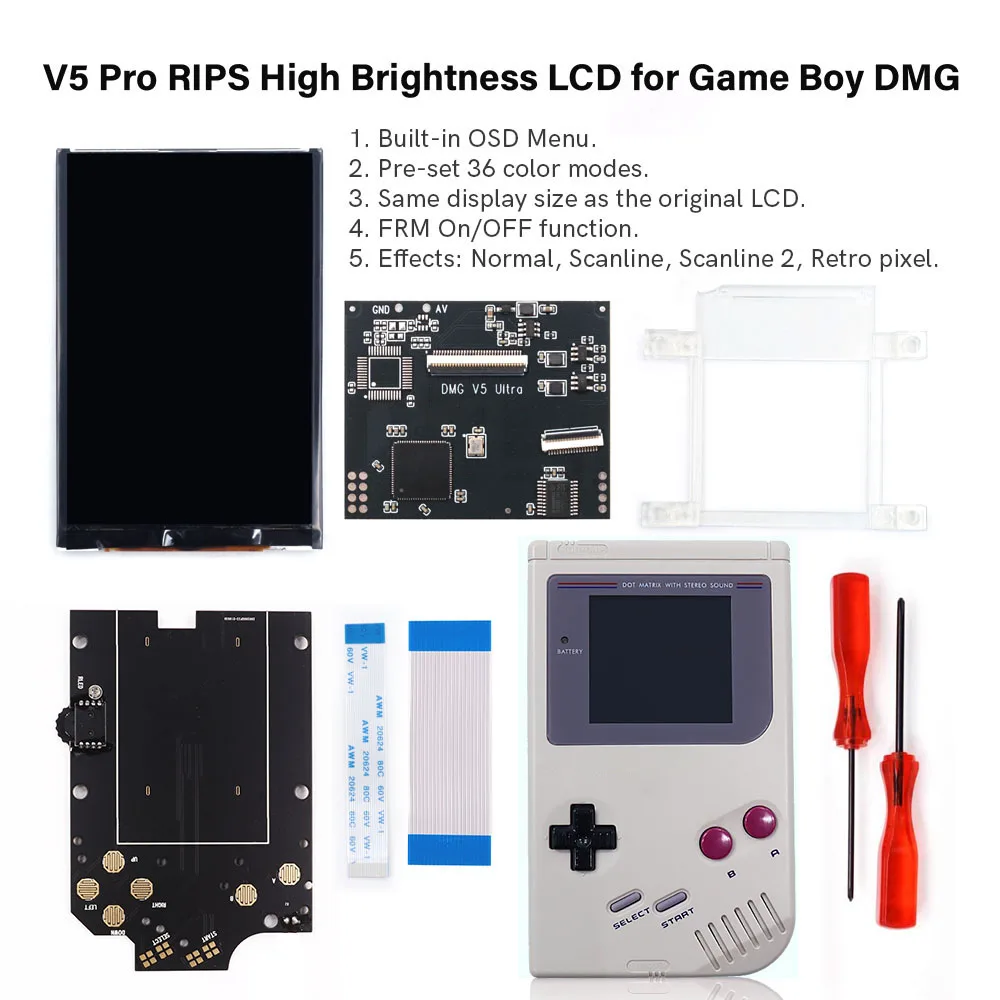 

Цветной комплект LCD-дисплея с подсветкой IPS для GB DMG V5 Ultra, полноформатный экран RIPS с OSD-меню, мод с динамиком для Game Boy DMG