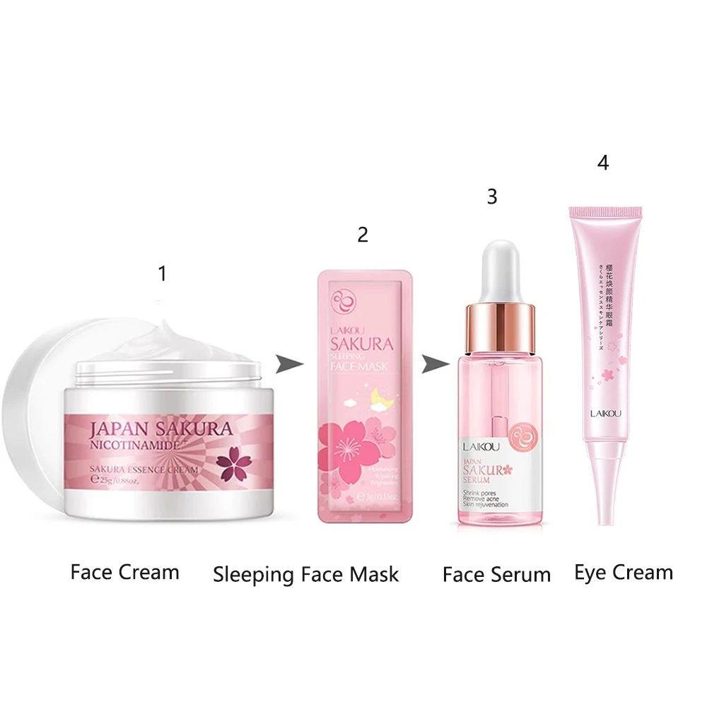 Cherry Blossom Face Skin Care Set Moisturizing Essence Collagen Face Cream & Face Serum & Facial Sleeping Mask Beauty Makeup Set