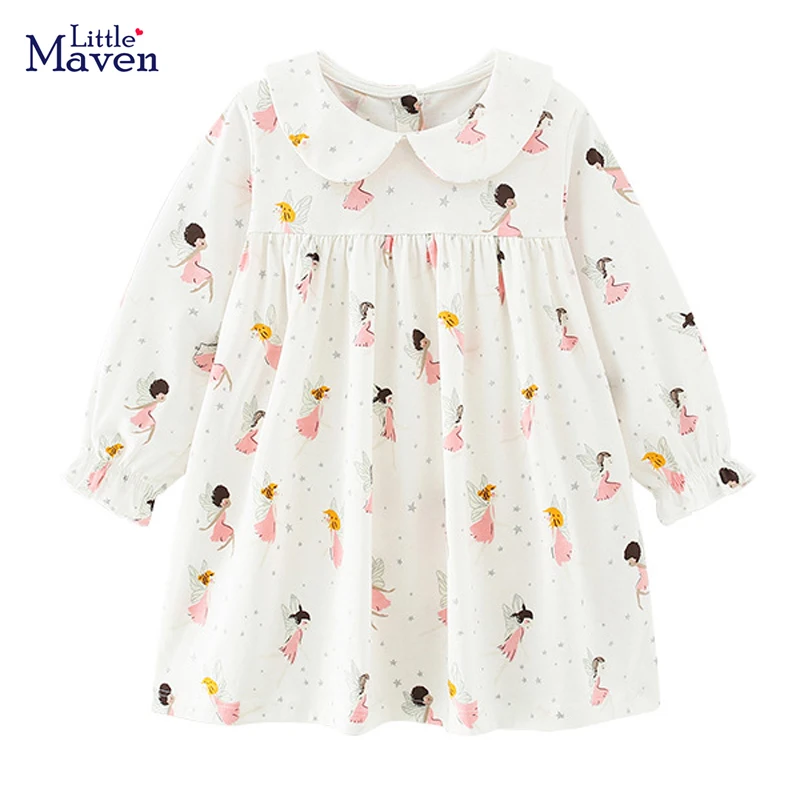 Little maven 2024 Baby Girls Cotton Dress Long Sleeves Children Casual Clothes White Soft and Comfort for Kids 2-7 year