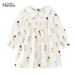 Little maven 2024 Baby Girls Cotton Dress Long Sleeves Children Casual Clothes White Soft and Comfort for Kids 2-7 year