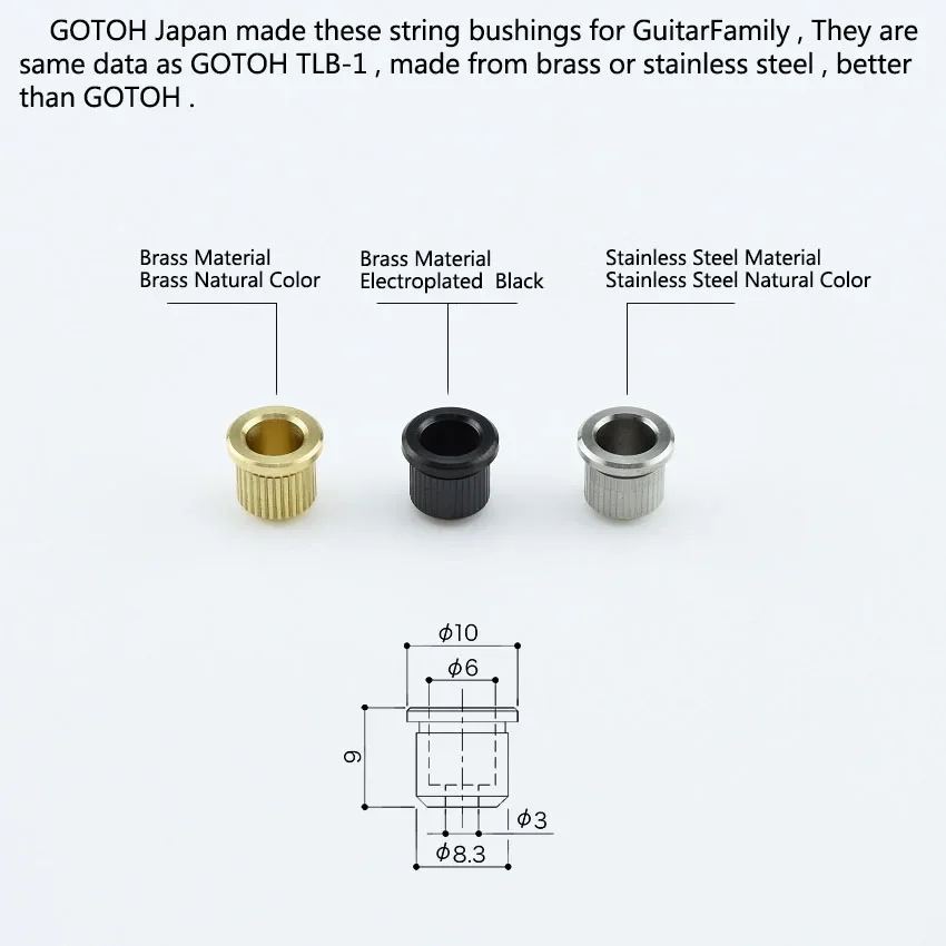 New - Brass/ Stainless Steel Through Body String Ferrules / String Bushings For Electric Guitar 【Made in Japan by GOTOH】