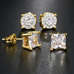 Square Crystal Studs Earrings Men Vintage Simple 4 Claws AAA+ Cubic Zirconia Hiphop Accessories Gold Color Ear Jewelry OHE147