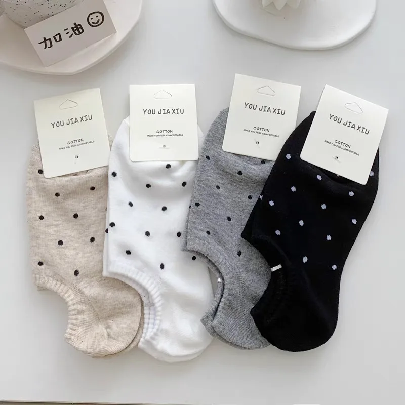 4pairs Polka Dot Socks Black White Spotted Short Sock Pure Cotton Ankle Stocking Spring Summer Retro Girl Sox Hosiery Japanese