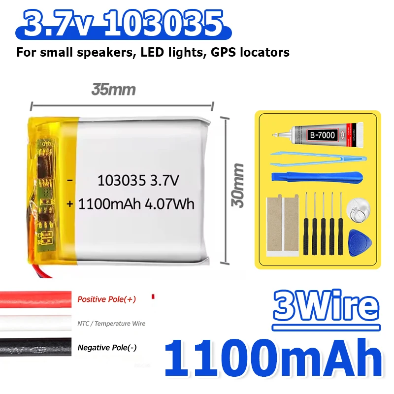 3.7v 1100mah 4.07Wh 103035 NTC 3-Wires Thermistor Li Lithium Battery Li-ion Repair GPS Bluetooth Speaker Headphones Headset LED