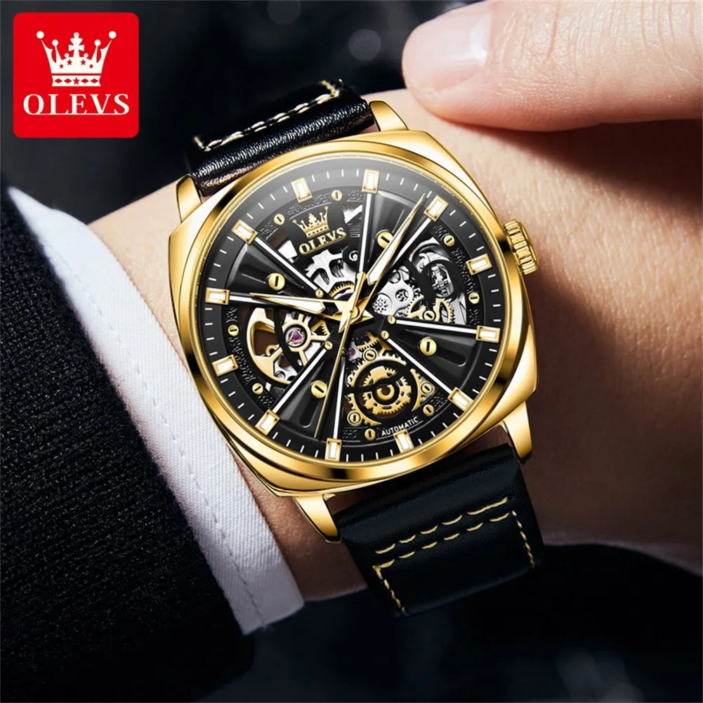 OLEVS 6685 Luxury Automatic Dress Wristwatch Hollow Skeleton Mechanical Watch For Men Waterproof Luminous Leather Man Watch 2024