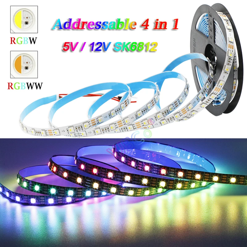 

5V 12V 60leds/m addressable RGBW RGBWW 4 in 1 LED Strip SMD 5050 RGB White light pixle IC SK6812 Lamp Tape Smart Lights bar