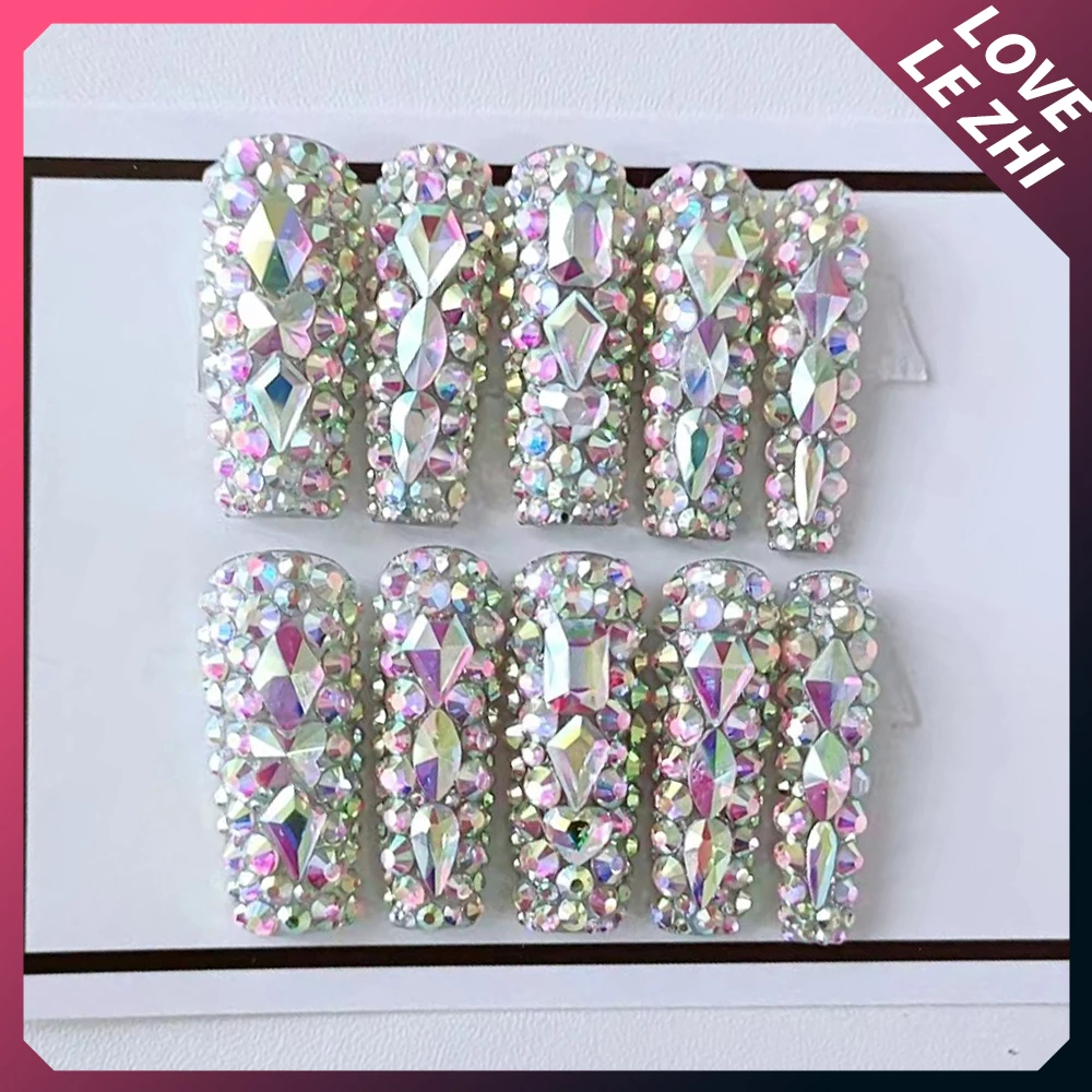 High Quality Luxury Full Diamond Reusable Full Cover Nail Art French Long Coffin Glitter Press On Nail Party Stickers Promotion