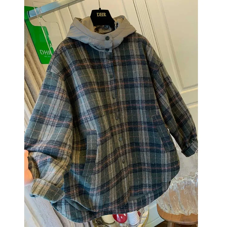 

Unique Plaid Woolen Hooded Casual Cotton Jaet Loose Winter Coat for Women Thiened Long Sve Commute Sle New Arrival