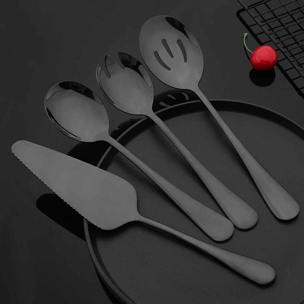 Black Stainless Steel Dinnerware Set Flatware Soup Spoon Colander Spoon Service Spoon Salad Fork Cake Spatula Kitchen Tableware