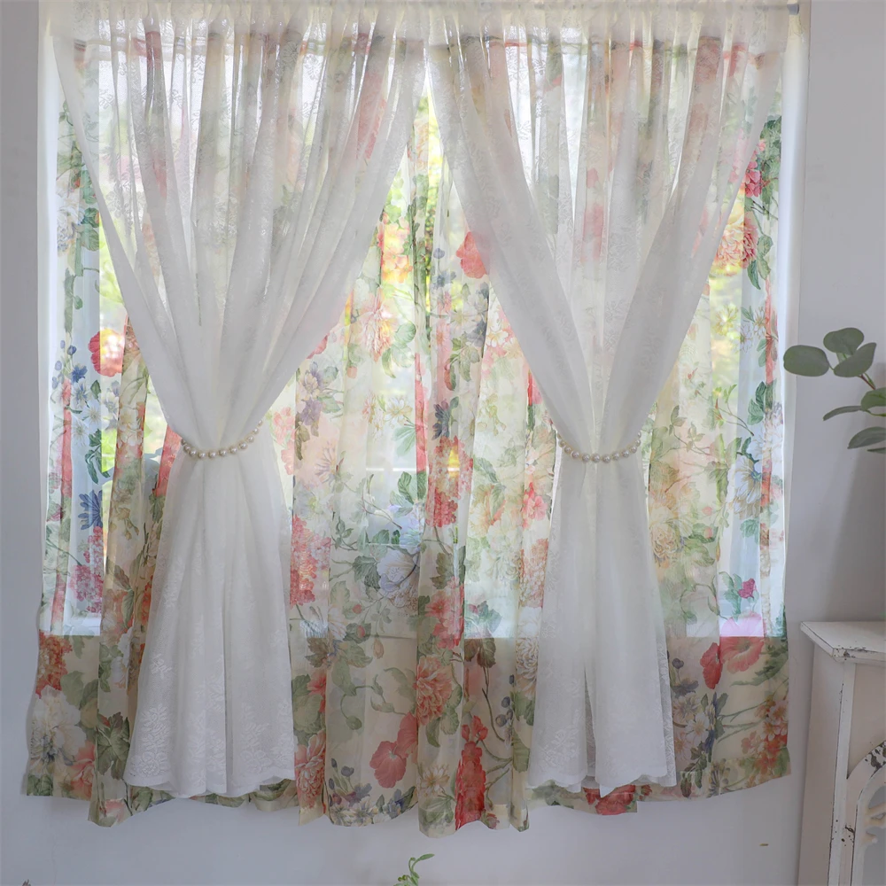 

French Cream Style Non Perforated Short Curtain Bedroom Custom Curtains Embroidered Flower Lotus Leaf Edge+Hairball Curtains