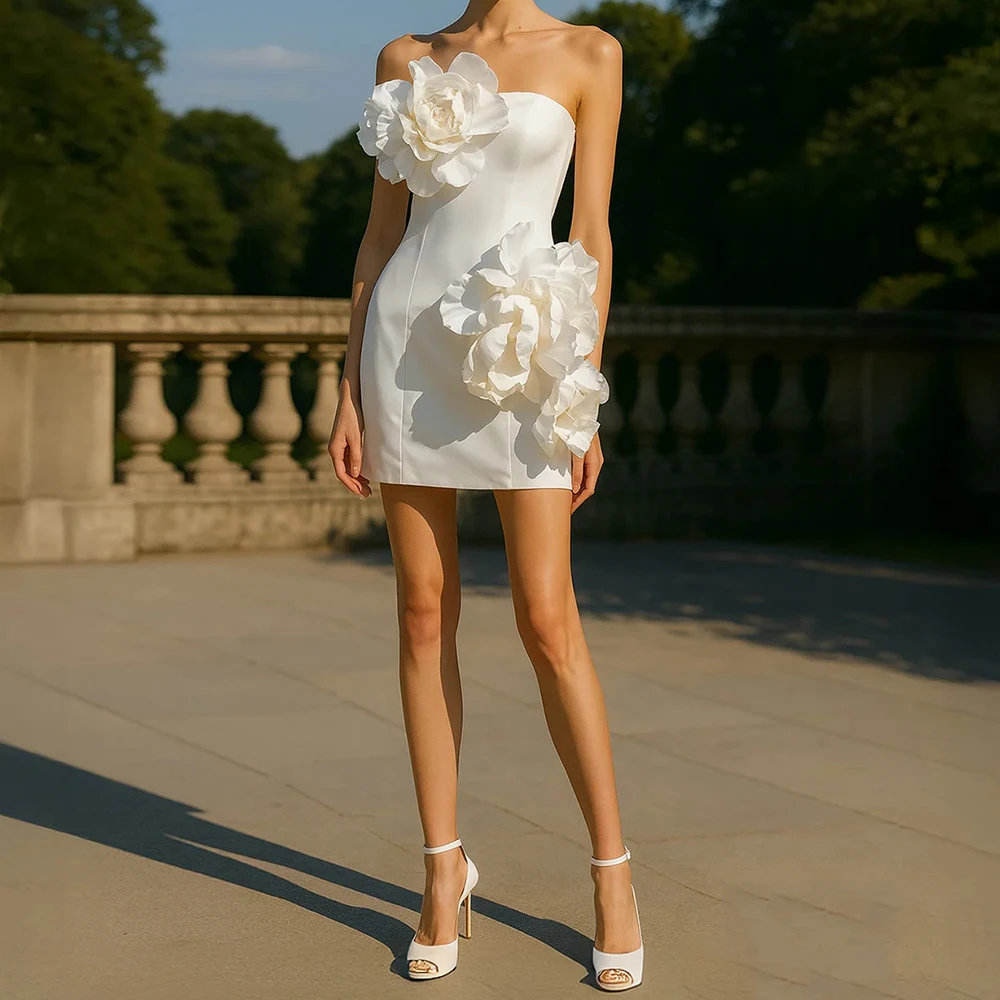 

Women's Straight Cocktail Dresses Mini-length Strapless Sleeveless Prom Gown Simple Fashion Flowers Backless Customized Gowns