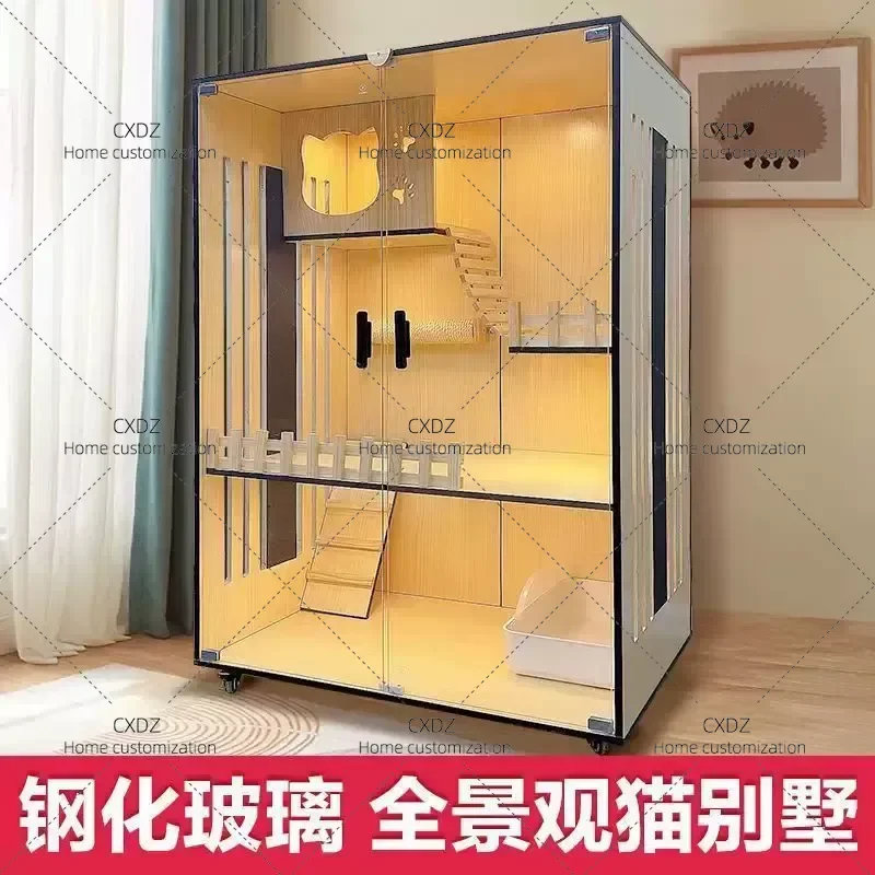 Solid Wood Cat Cage Villa Indoor Waterproof Glass Enclosed Pet House Oversized Cabinet Nest for Cats Household Furniture
