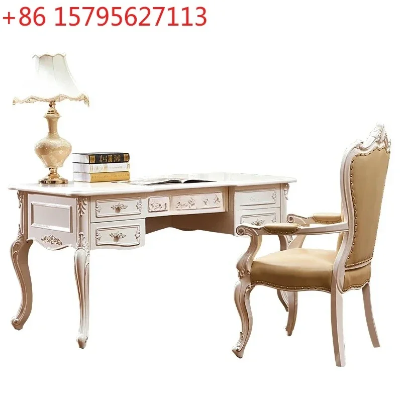

European-style solid wood desk study furniture white gold-painted silver all solid wood desk