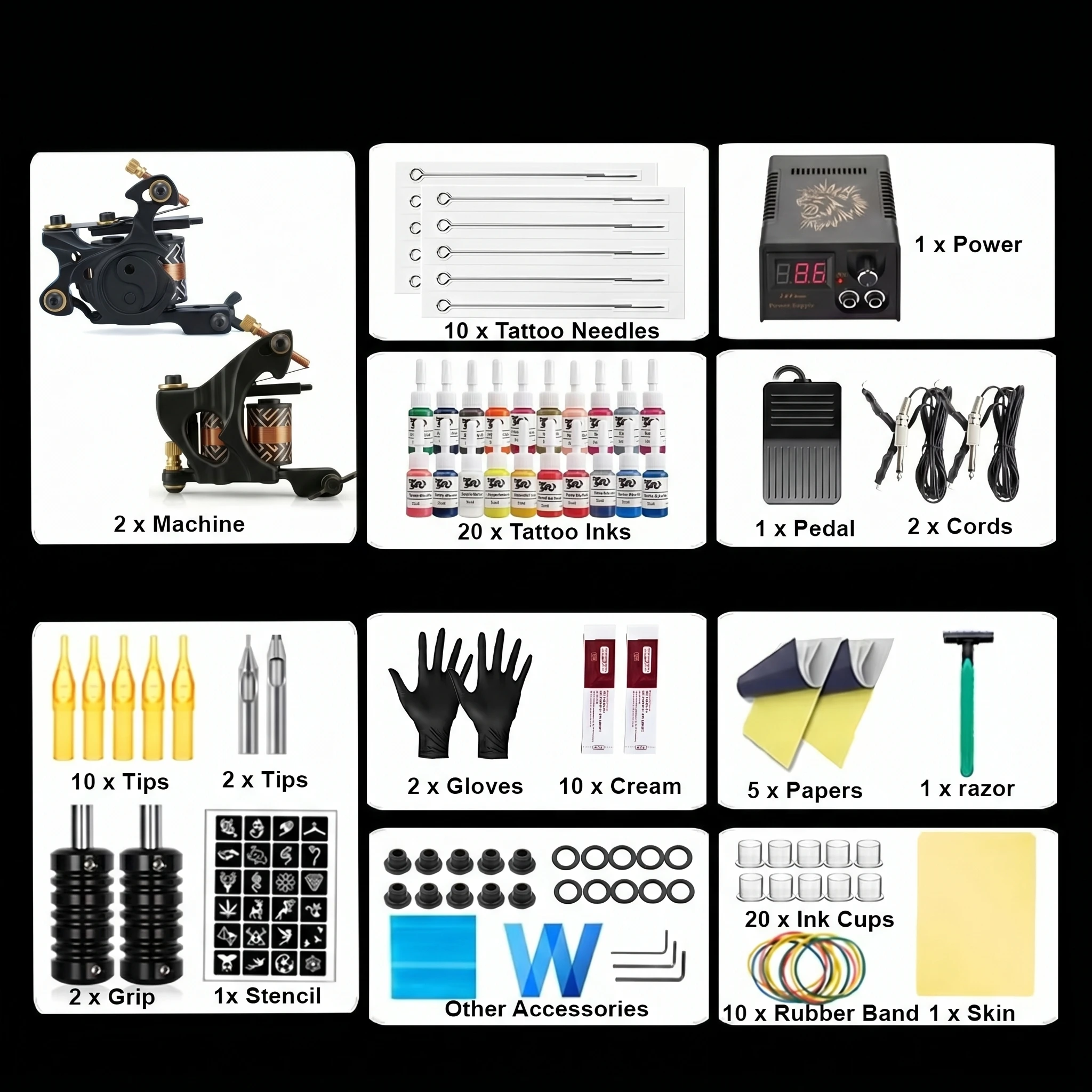 Complete Coils Tattoo Machine Kit Liner Shader Machine Gun Power Inks with Needles Accessories Set Tattoo Beginner Kit Supply