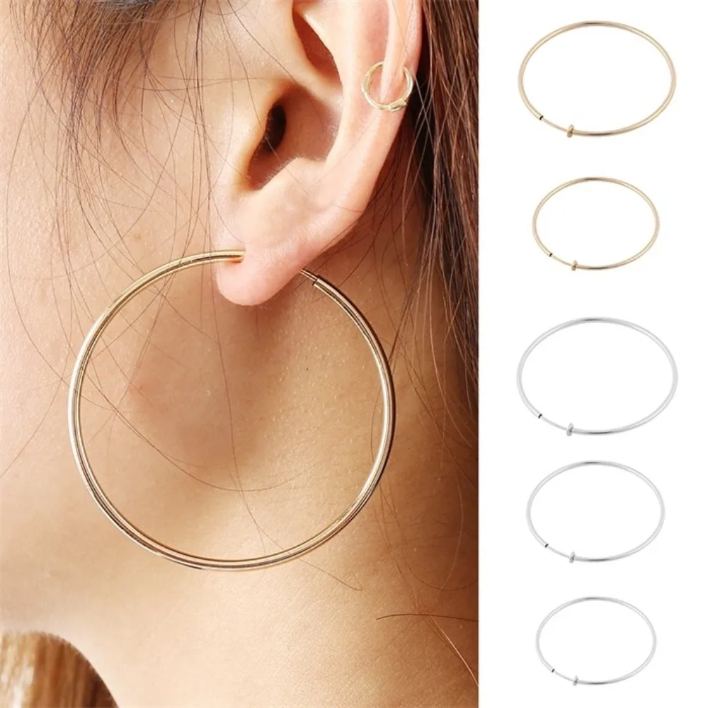 2 Pcs/Set 40/50/60mm Clip-On Earrings Small/Medium/Large Non-Pierced Hoop Style Spring Clip-On Earrings