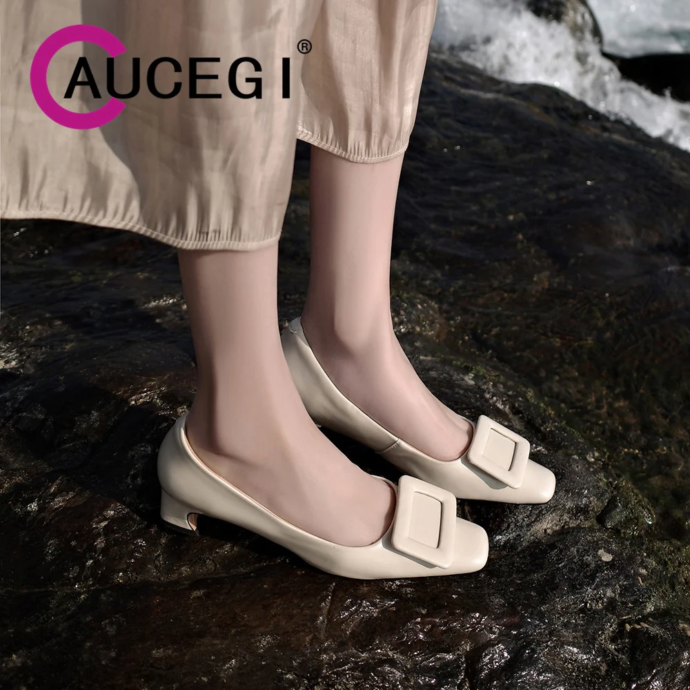 

Aucegi Genuine Leather Comfortable Block Med Heels Women Square Toe Pumps Latest Classic Style Slip On Shallow Party Dress Shoes