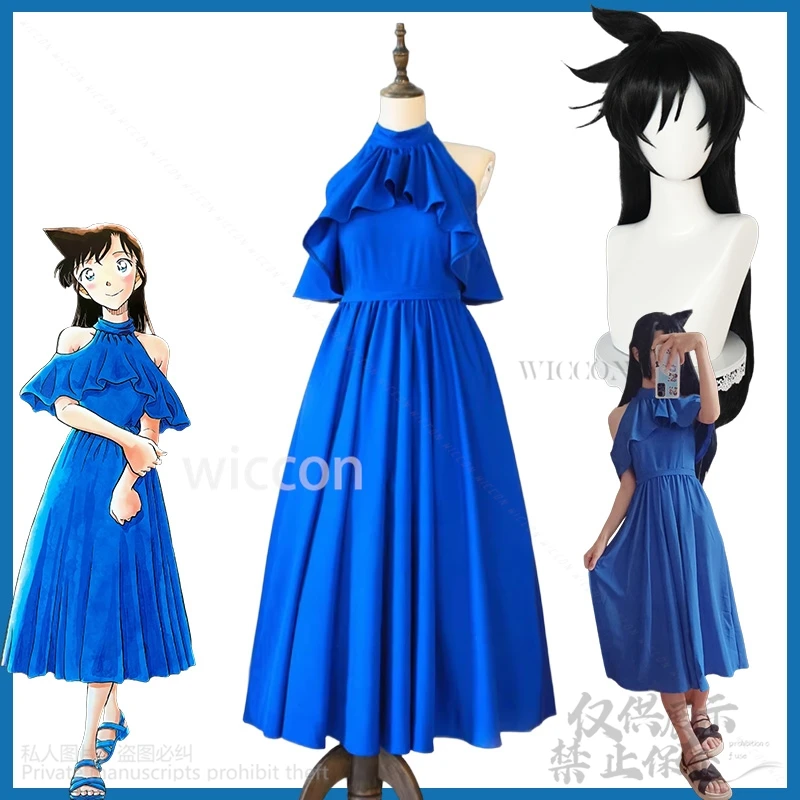 

Detectived Cosplay Rachel Ran Moore Mouri 30th Anime Costume Navy Blue A Line Halter Dress Sleeveless Lolita Evening Dresses Wig