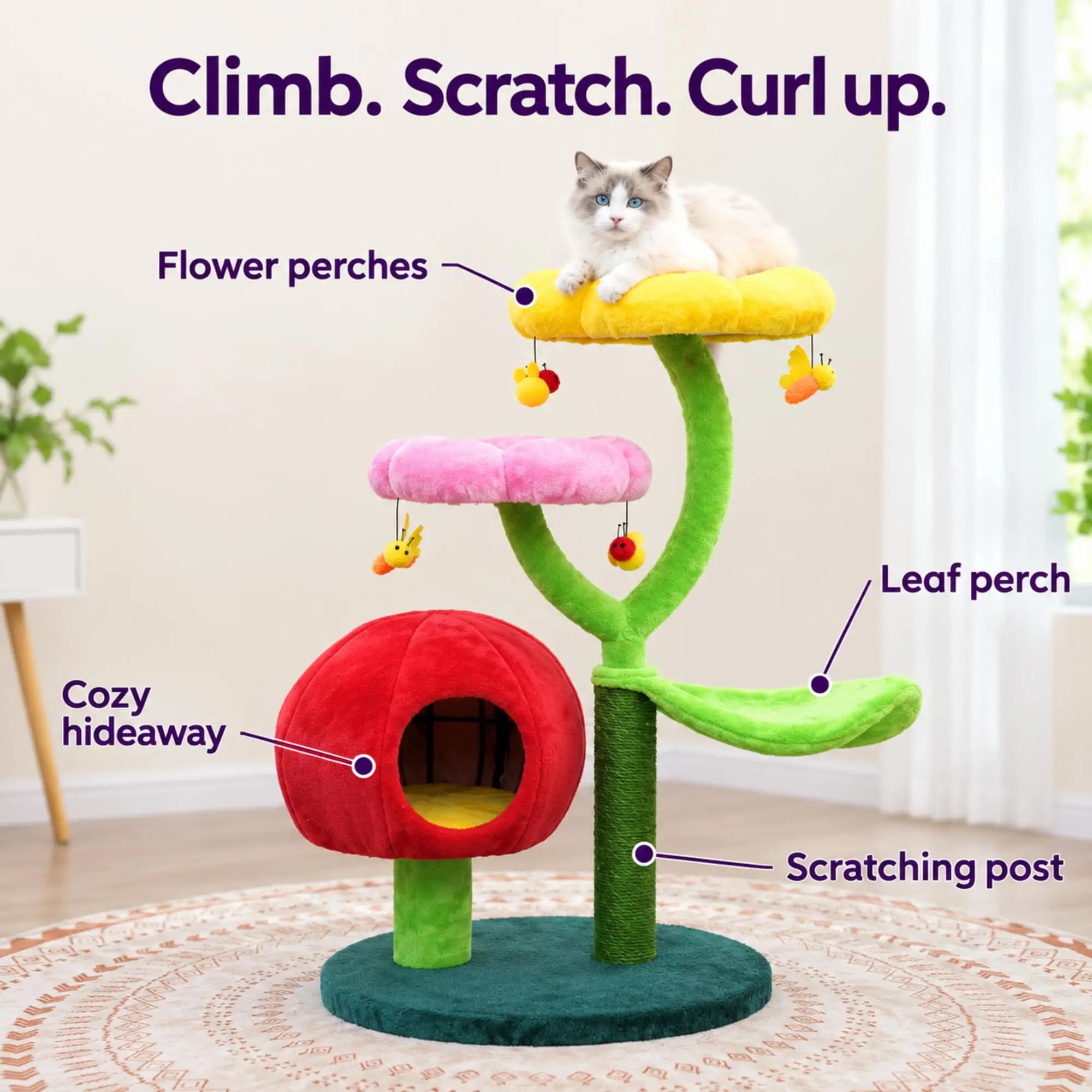 Flower Cat Tree with Hideaway Condo, 3 Perches and Scratching Posts