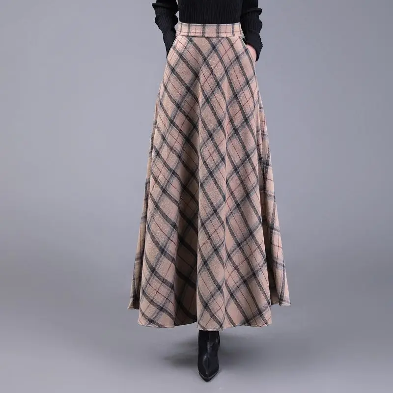 

2023 New Autumn Winter Fashion Women Skirts Retro Plaid High Waist Slim Wool Skirts Casual Loose Elastic Waist Big Swing Skirts