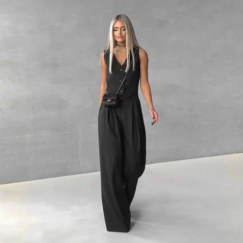 

Faionable Color Casual V-Ne Vest And Pants Set Wide Leg Pants Two Piece Suit Ele Button up Women's Ensemble