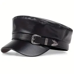 Fashion Women Large Belt Buckle Leather Hat Spring Autumn Sailor Hats Black Ladies Beret Caps Men Flat Top Captain Military Caps