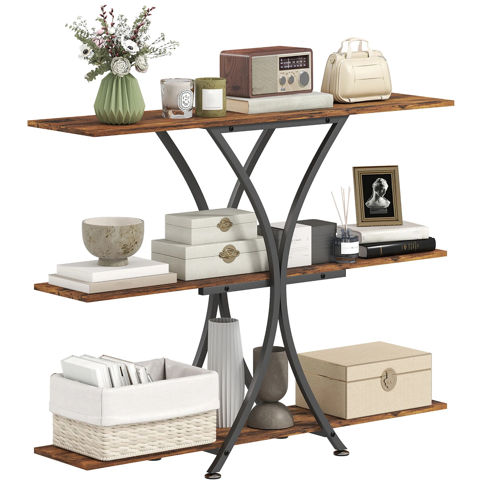 Homcom Tavolino da divano consolle con 2 ripiani aperti e struttura a X in metallo stile industriale marrone rustico