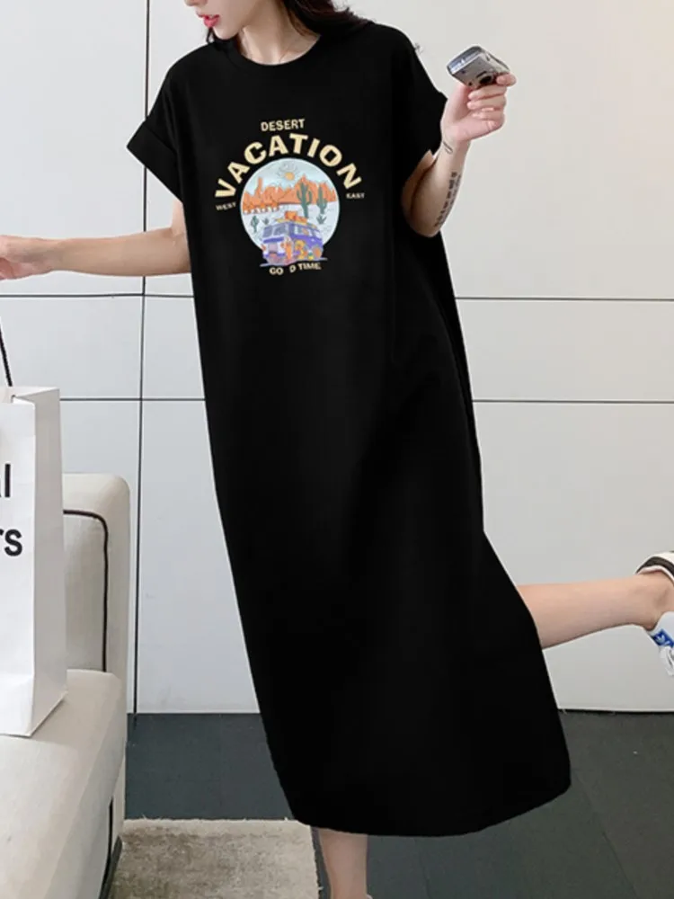 夏ゆるいカジュアルミドル丈Tシャツワンピースレディース膝丈着痩せシンプルスタイル半袖マキシドレス