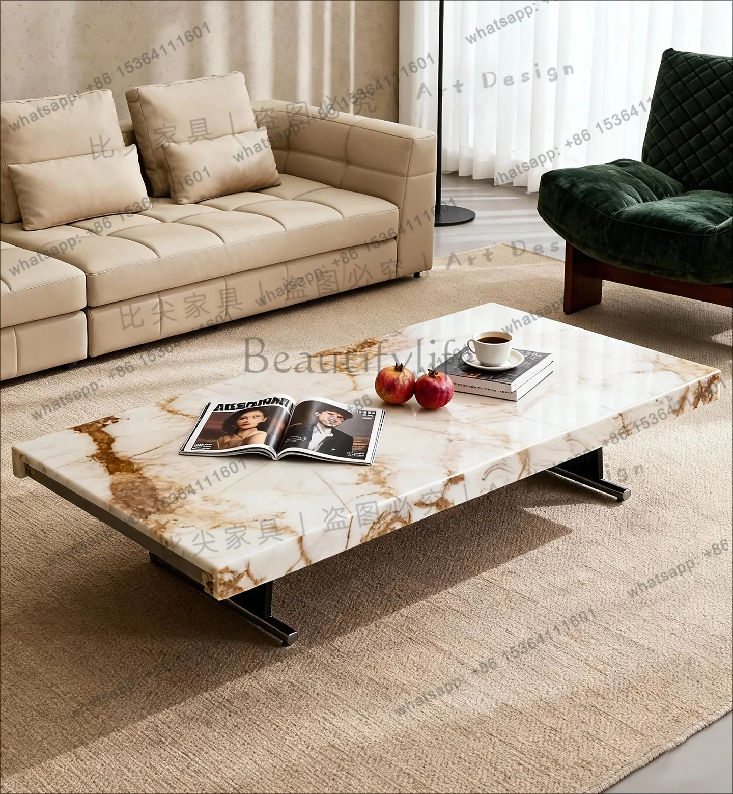 Italian minimalist natural luxury stone coffee table high-end stainless steel designer marble high-end