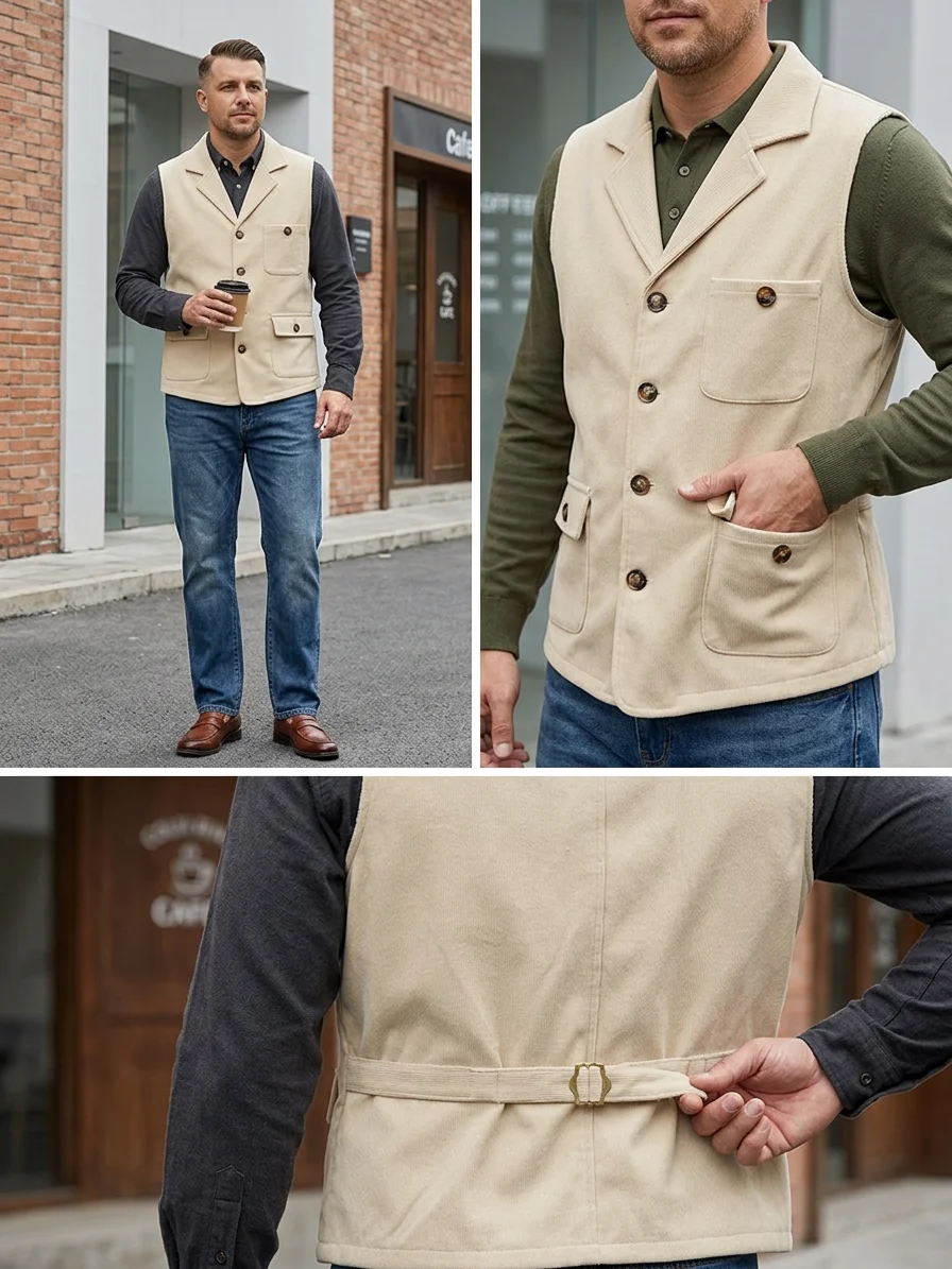 Herren Vintage Cord-Anzugweste mit Revers, Verstellbarem Rückengurt, Ärmellos, Business-Casual-Gilet mit Mehreren Taschen – Detail 5