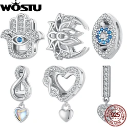 WOSTU 925 Sterling Silver Hand of Fatima Clip Bead Infinity Love Heart Shape Buckle Lotus Charm Fit DIY Flat Wide Bracelet Chain