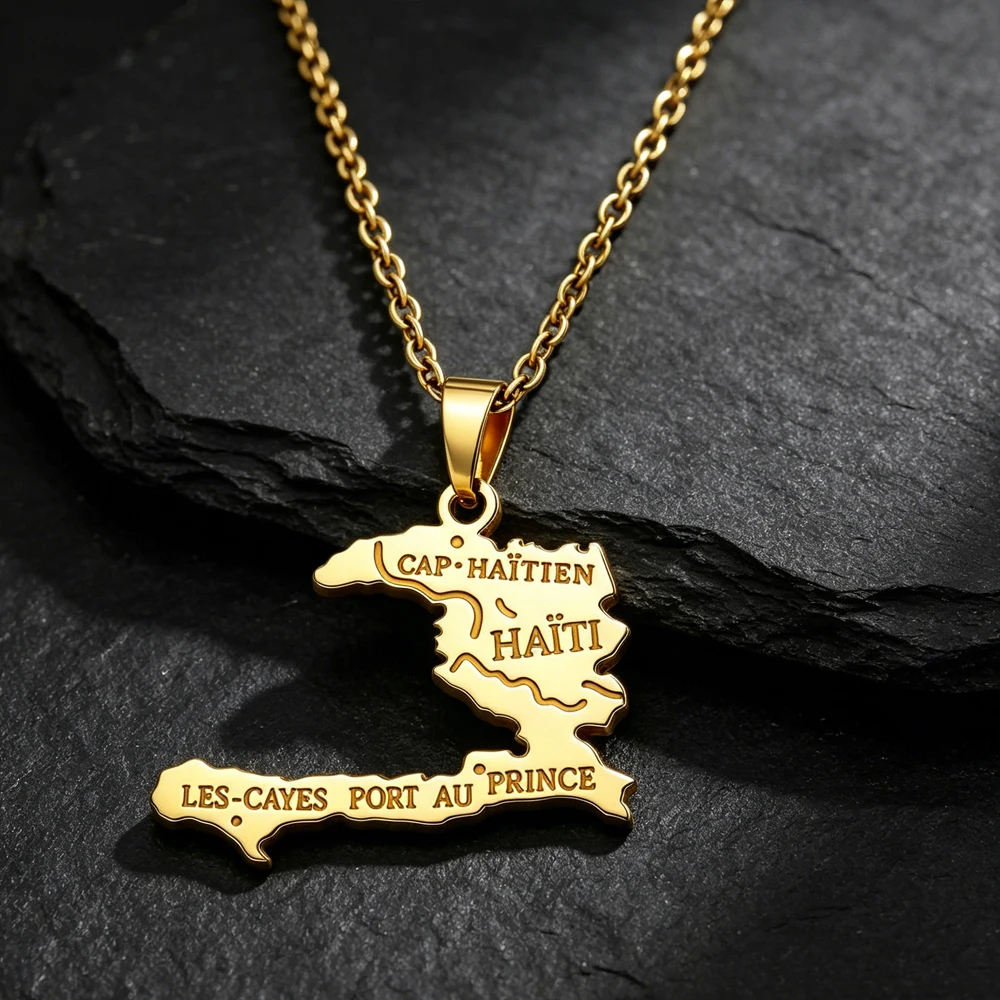 Stainless Steel Haiti Map Pendant Necklace for Women Port-Au-Prince Country Outline Shaped Jewelry Souvenir Gift