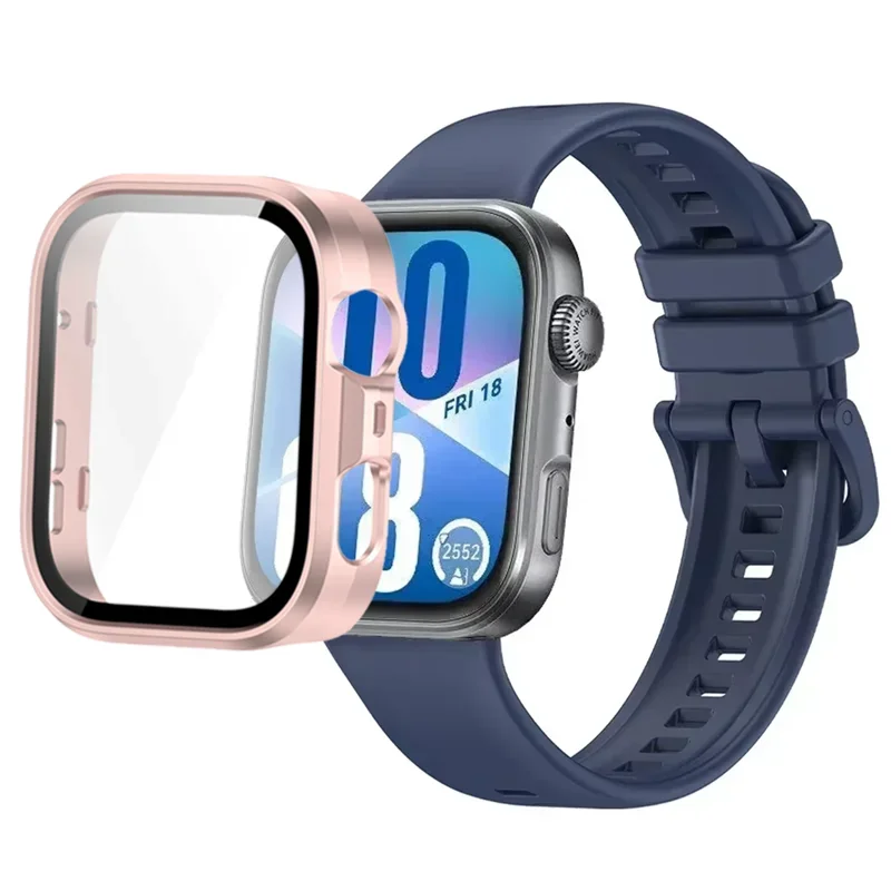 حافظة كمبيوتر + حزام سيليكون لساعة هواوي فيت 4/3 HD من الزجاج المقسى الملون بإبزيم معصمه لساعة هواوي فيت 3/4/4 برو