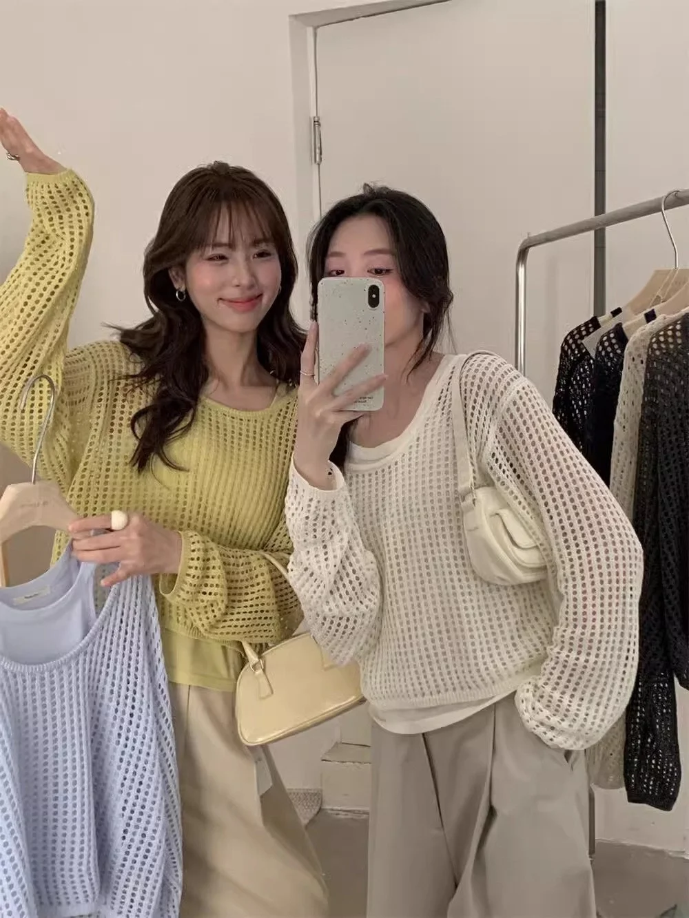 

Лимонно-зеленый вязаный комплект с защитой от солнца, ажурными вставками и круглым вырезом, женский, весенний, в корейском стиле, для повседневной носки, модный.