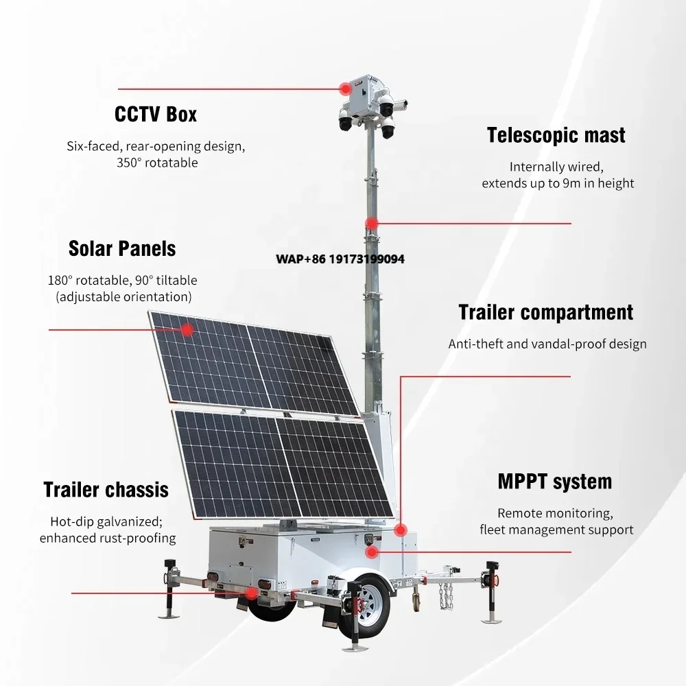 Hotselling Mobile Solar CCTV Surveillance Trailer 9m Mast IP65 Waterproof US/EU/AU Standard HD 4K Parking Lot Monitoring
