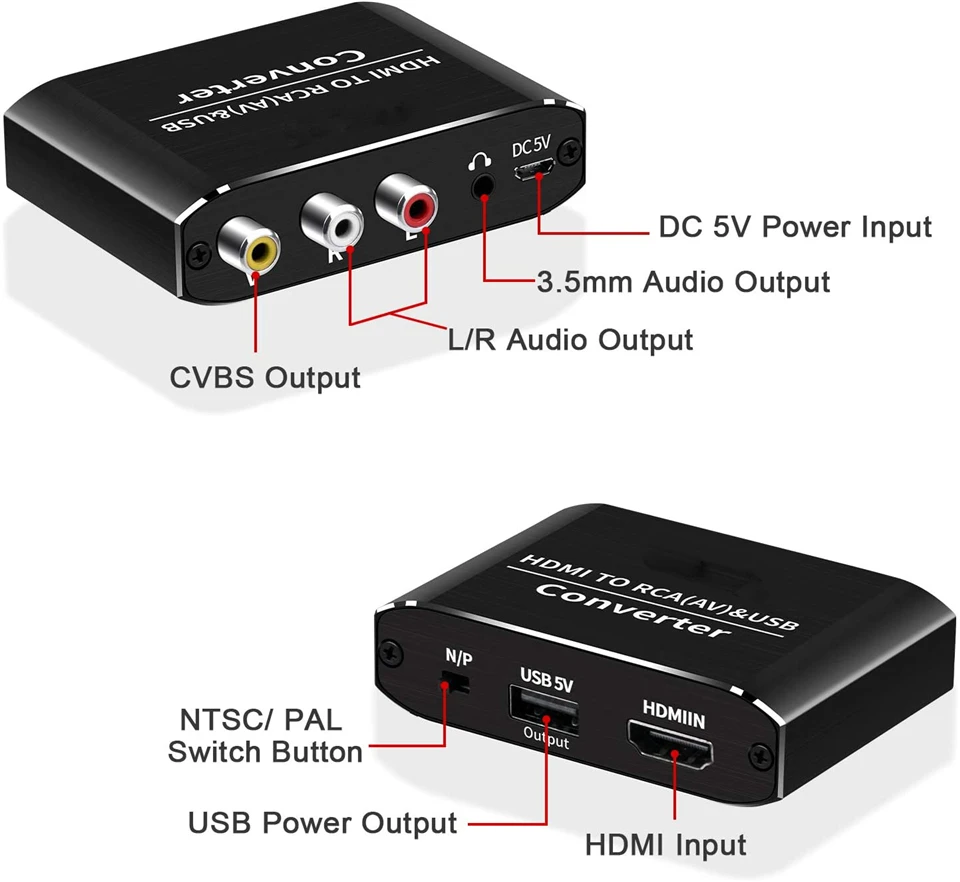 Navceker Adaptador de escalador HDMI a AV Caja convertidora de vídeo compuesto HD a RCA AV/CVSB L/R Video 1080P @ 60HZ Compatible con NTSC PAL