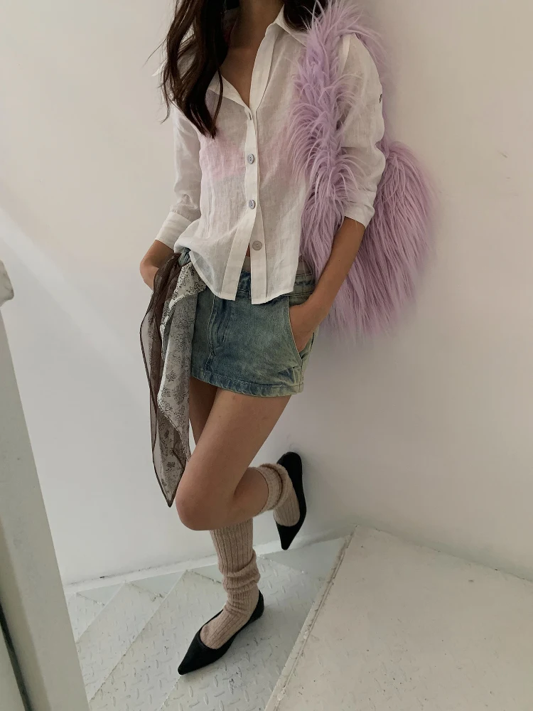 

LILUOP Винтажная художественная женская блузка из конопляного материала, летняя, тонкая, с коротким рукавом, с завышенной талией, повседневная