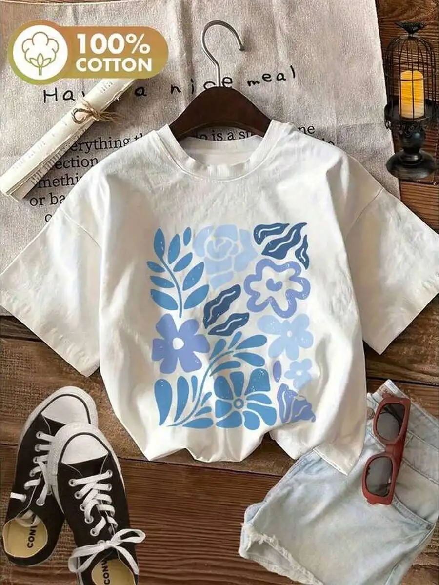 100% Cotton Women T Shirt Vintage Blue Flower Graphic Tee Summer Botanical Print Short Sleeve Unisex Casual Tops