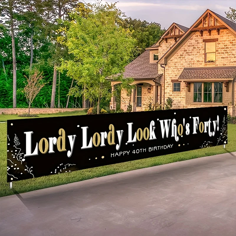 Happy 40th Birthday Party Large Banner - Single Piece Rectangular White Golden Glitter Yard Garden Fence Indoor Outdoor