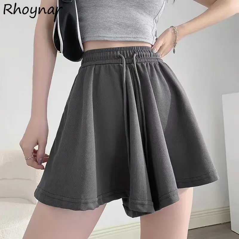 

High Waisted Shorts Women Jogger A-line Pure Minimalist Korean Style Wide Leg Trousers Sporty 6-Color Baggy Girlish Fashion Chic