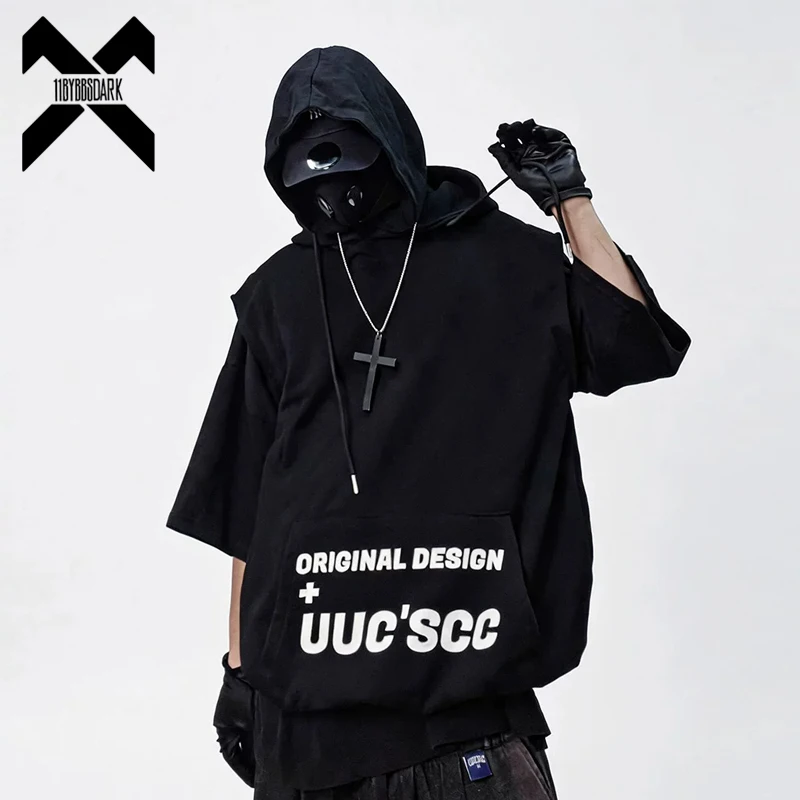 

Summer Hip Hop Streetwear Heavyweight Oversized T-Shirt Men Hooded Fake Two Piece Short Sleeve Cotton Tee Casual Tshirt Tops