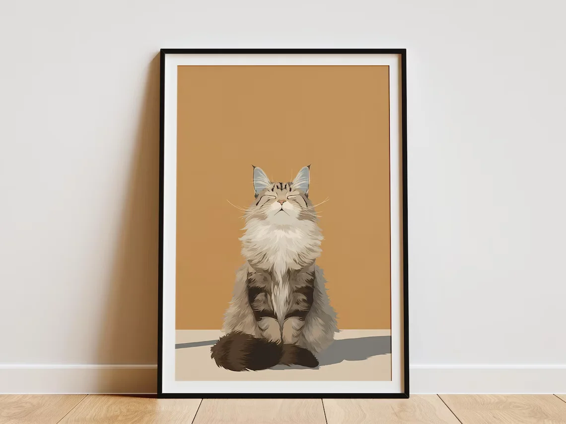 Art mural minimaliste Zen Cat - Impression paisible célébrant la détente féline. Le fond neutre et chaleureux et la composition simple créent