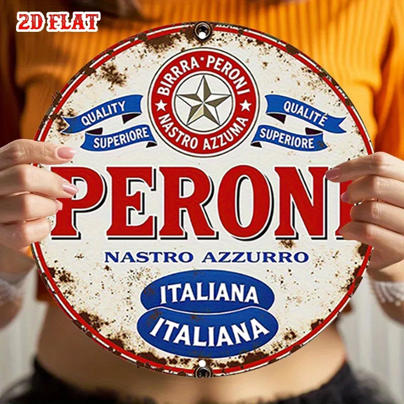 Ein flaches 2D-Retro-Peroni-Bier-Markenlogo, rundes Holzschild, italienische Designelemente, Landhaus, Garage, Restaurant