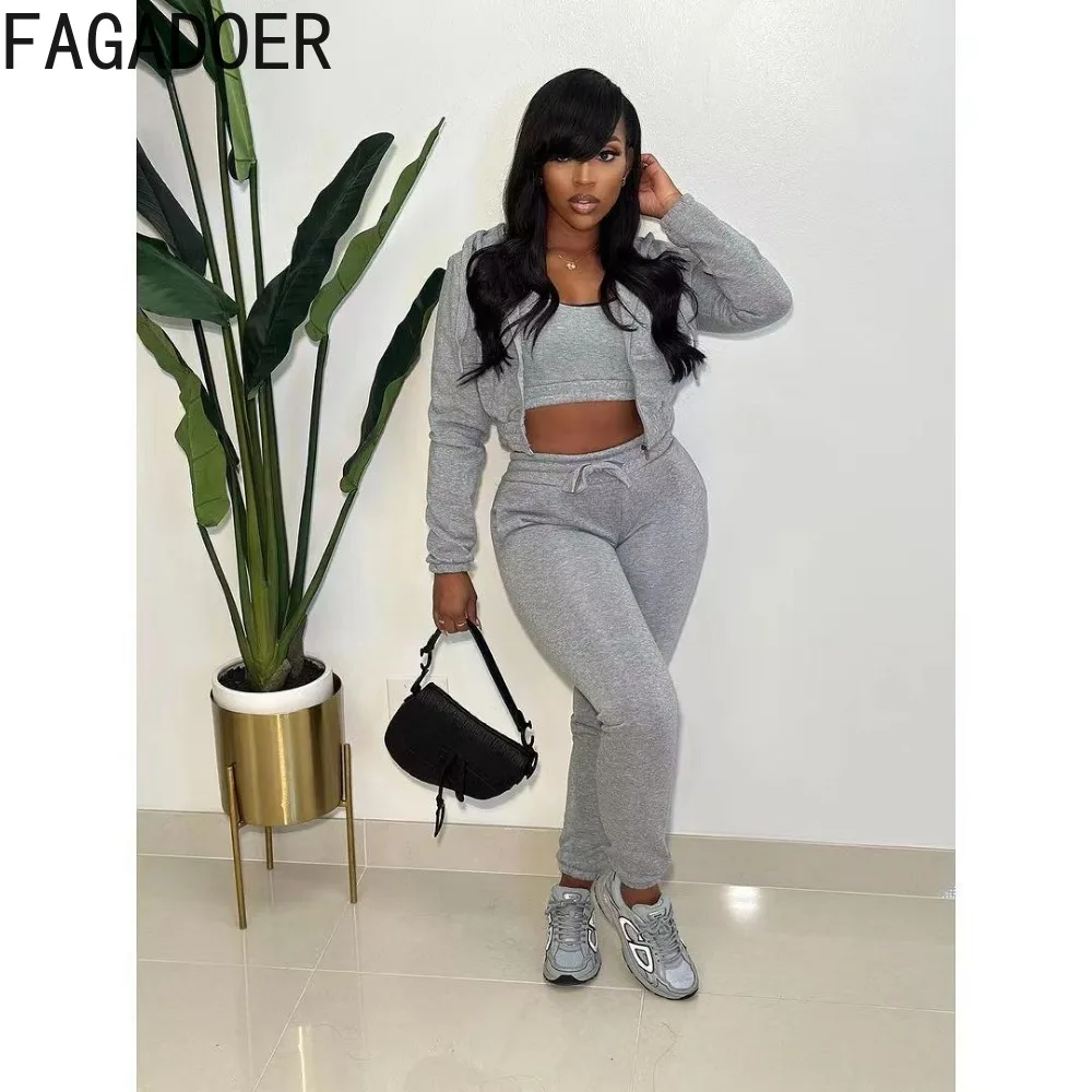 FAGADOER Autumn Winter Hooded Tracksuits Women Crop Vest + Long Sleeve Coat + Jogger Pants 3 Piece Sets Casual Sporty Outfits