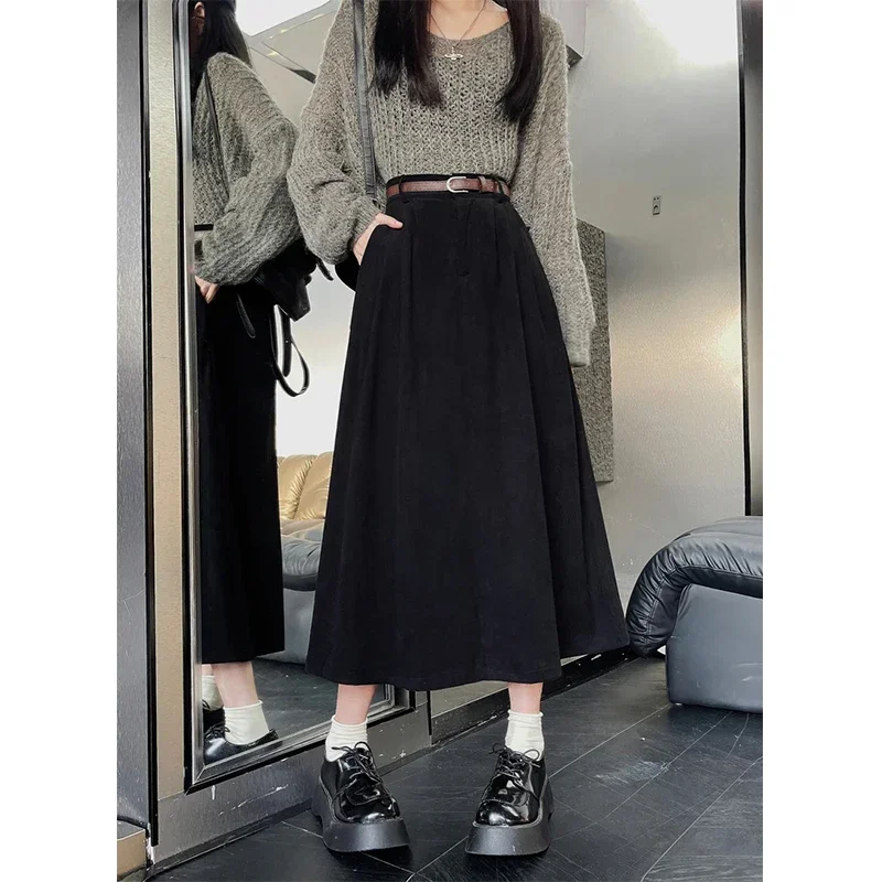 Vintage Belt Corduroy Midi Skirt Women High Waist Pleated A Line Skirts Autumn Winter Streetwear Korean Casual All Match Skirt