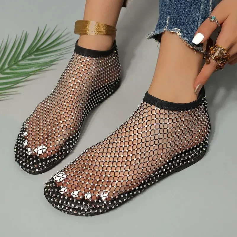 Fashion Women Flat Sandals Rhinestone Fishing Net Sandals Flat Bottom Footware Roman Flat Party Shoes Women Zapatos Para Mujeres