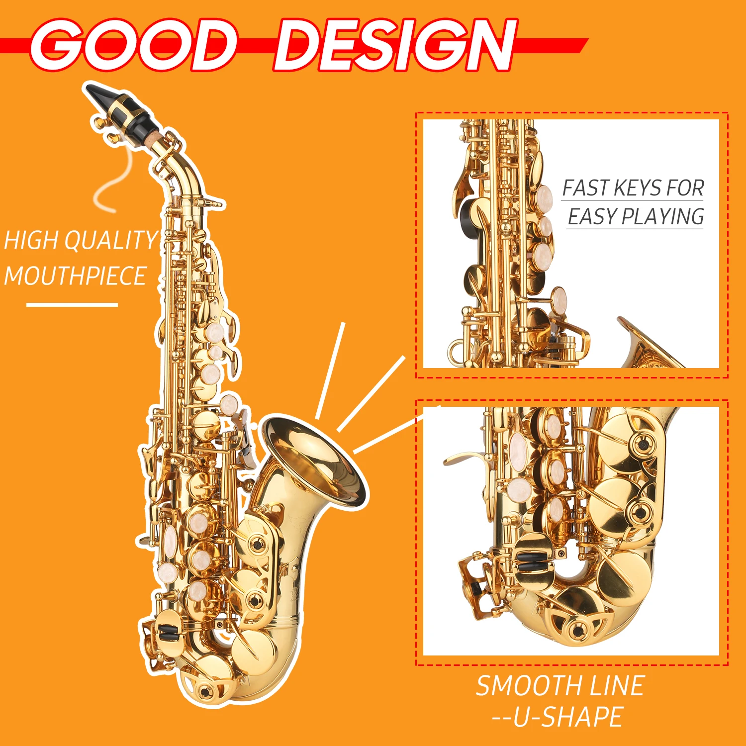 Bb Soprano Saxophone Gold Lacquer Brass Saxophone Sax soprano saxofon With Mouthpiece Neck Strap Cleaning Cloth Brush Case