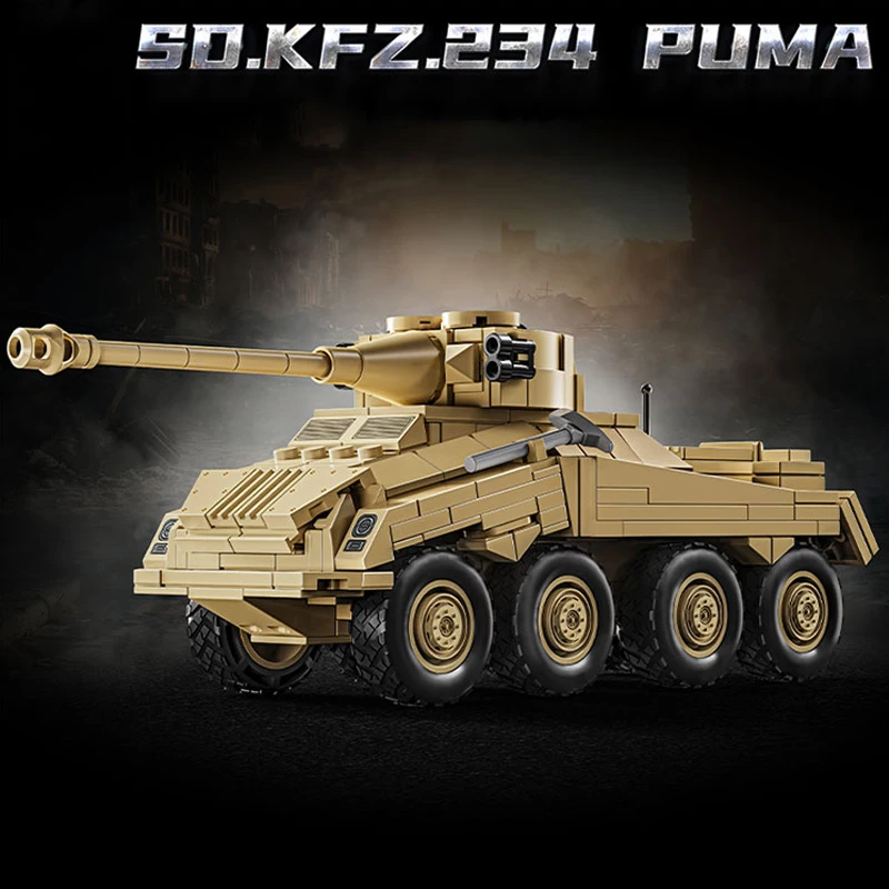 World War II German Sd.Kfz.234 heavy armored reconnaissance tank gun assembly model building blocks world boy toy 66075
