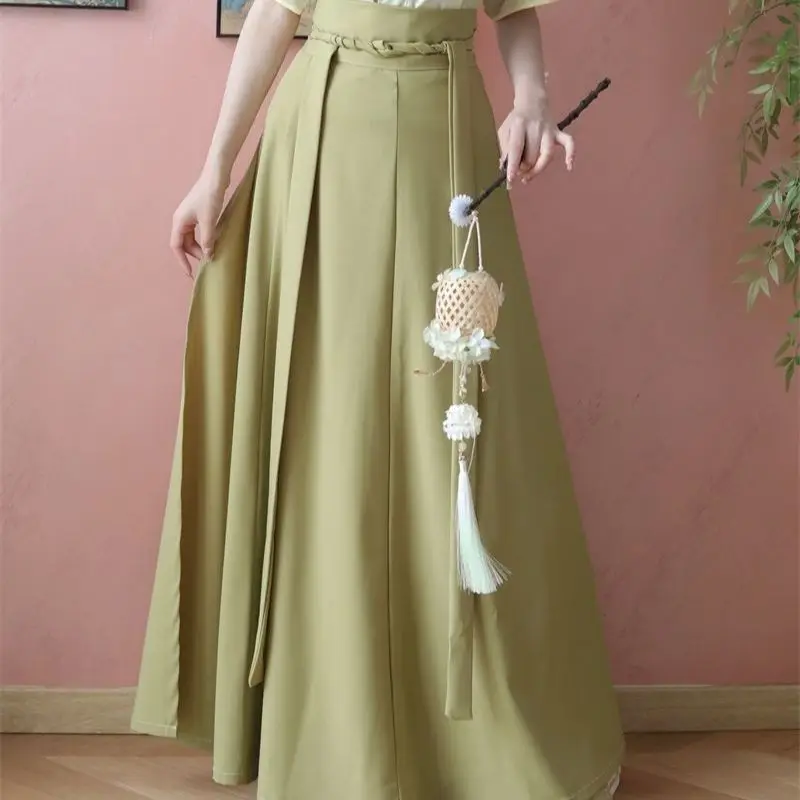 تنورة Hanfu ذات ثمانية ربطات عنق، تنورة من قطعة واحدة بطول الخصر، مناسبة يومية مع لون خالص، متعددة الاستخدامات للتنقل