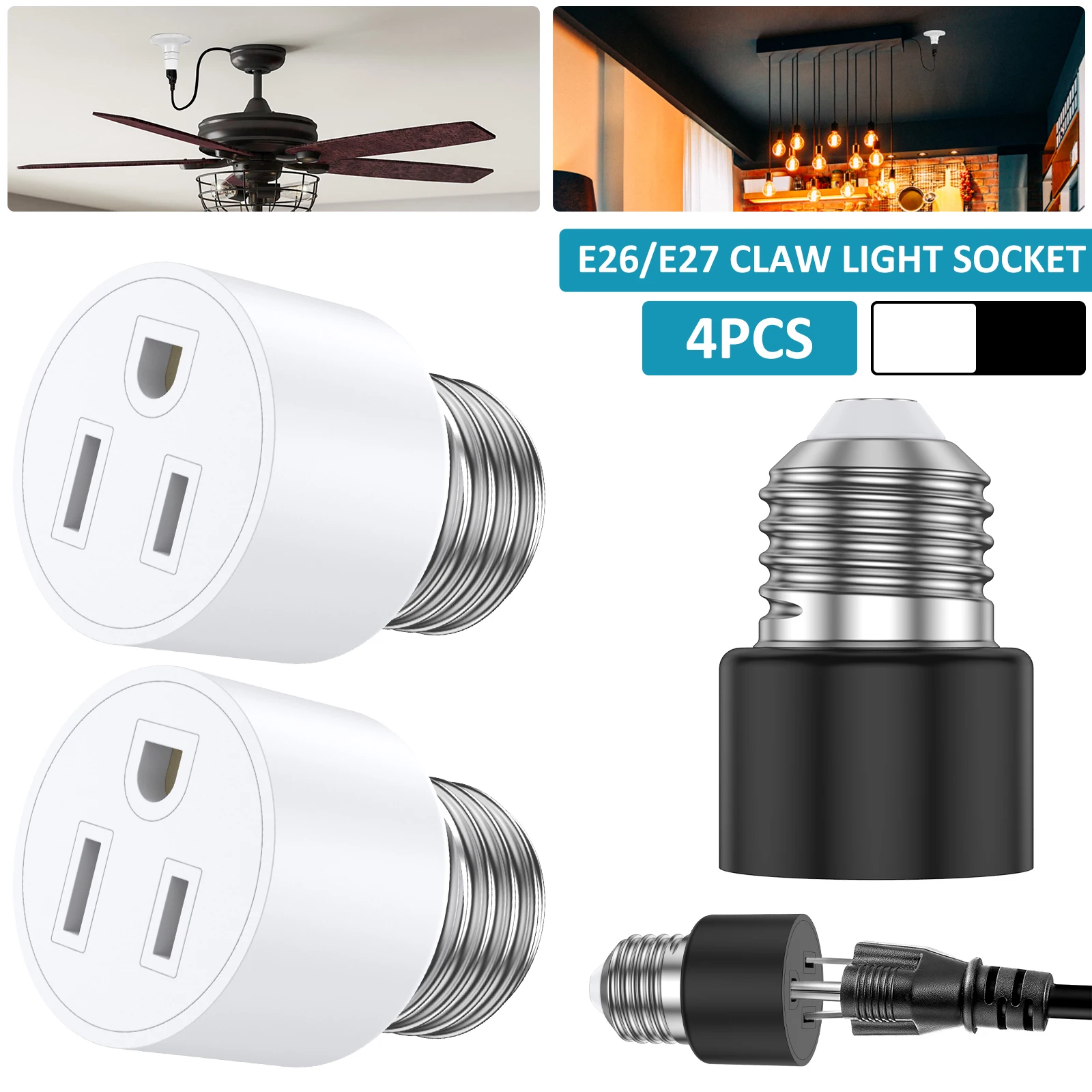 4Pcs E26/E27  2/3Prong Light Socket Outlet Adapter US Standard Plug  Light Socket to Plug Adapter Bulb Base Adapter 1250W